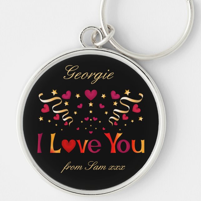I LOVE YOU Red Heart Gold Ribbon Black Valentine Key Ring (Front)