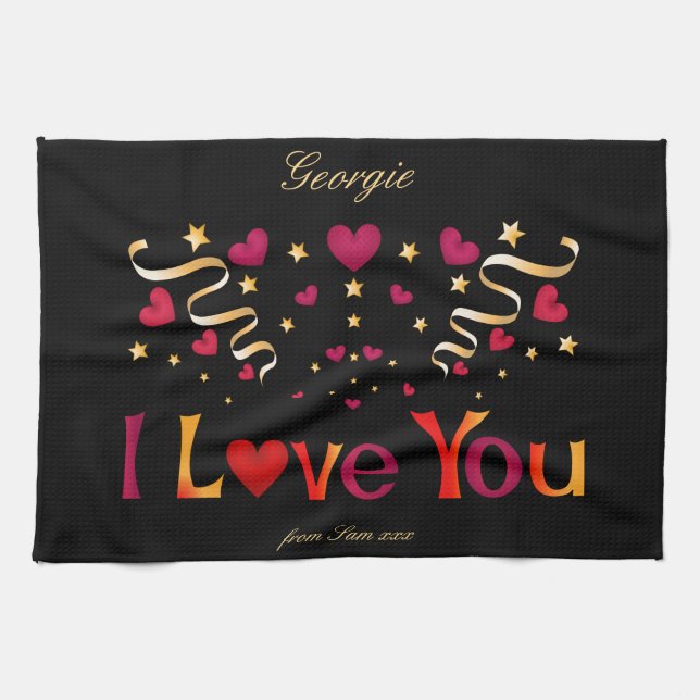 I LOVE YOU Red Heart Gold Ribbon Black Valentine Tea Towel (Horizontal)