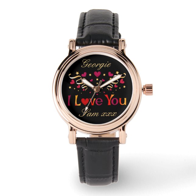 I LOVE YOU Red Heart Gold Ribbon Black Valentine Watch (Front)