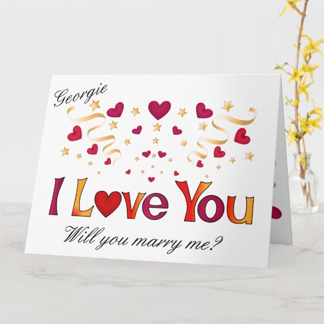 I LOVE YOU Red Heart Gold Ribbon Marriage Proposal Card (Yellow Flower)