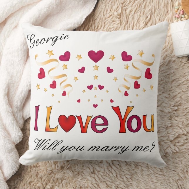 I LOVE YOU Red Heart Gold Ribbon Marriage Proposal Cushion (Blanket)