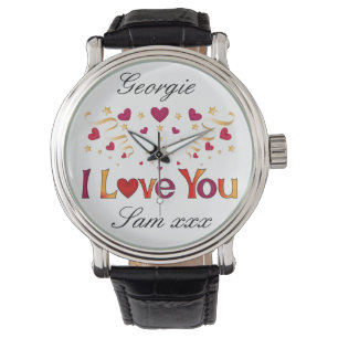 I LOVE YOU Red Heart Gold Ribbon Vintage Valentine Watch