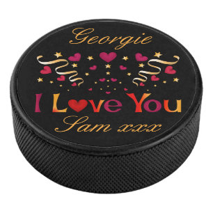 I LOVE YOU Red Heart Gold Vintage Valentine Black Hockey Puck
