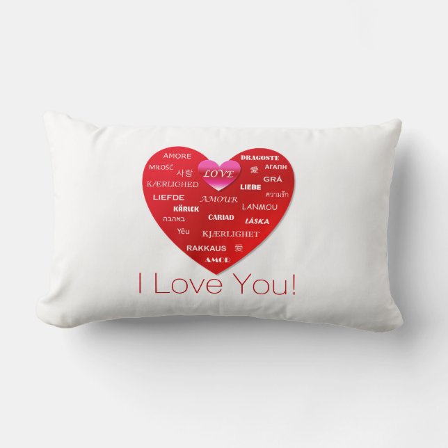 I Love You | Red Heart with Many Words of Love Lumbar Cushion (Front)