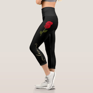 i love you Red Rose On Black And Gold Personalise Capri Leggings