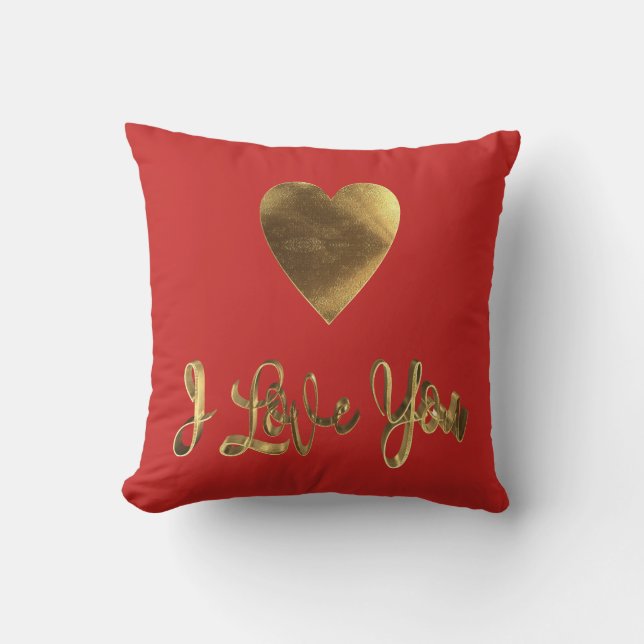 I Love You Romantic Heart Red Gold Typography Cushion (Front)
