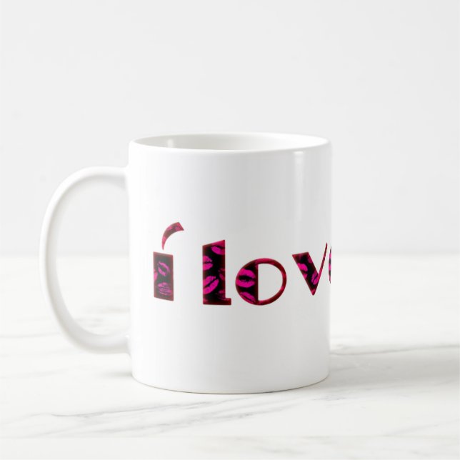 I Love You Romantic Pink Lipstick Kiss Typography Coffee Mug (Left)