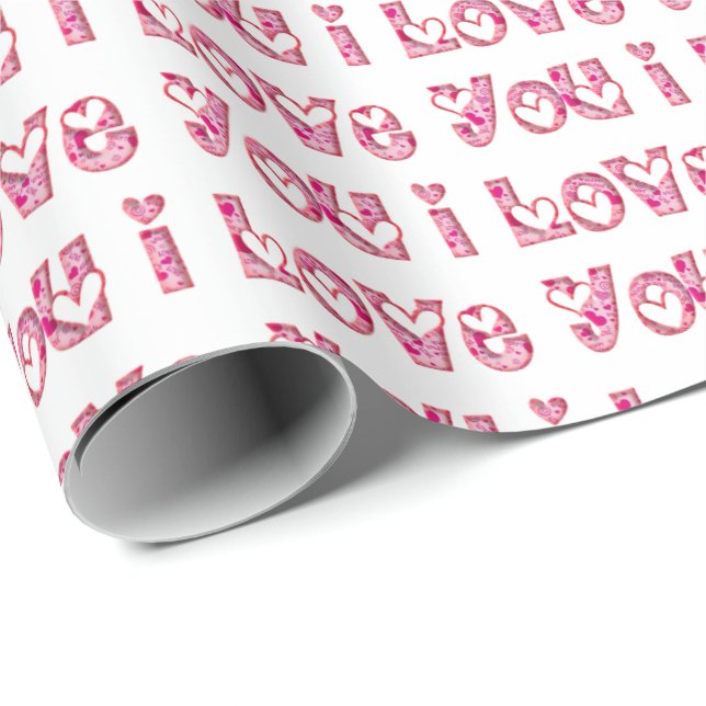 I Love You Romantic Valentines Day Typography Pink Wrapping Paper (Roll Corner)