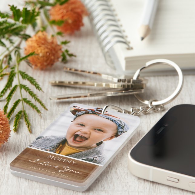 I Love You Rustic Wood Effect Photo Key Ring (Front Right)