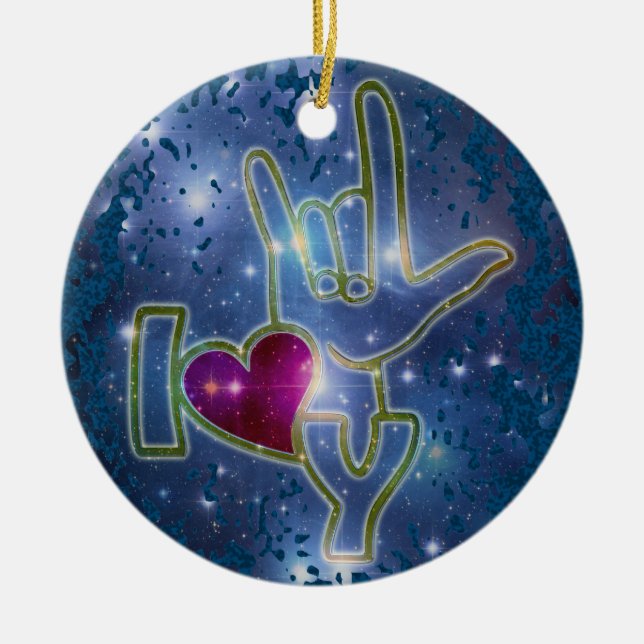 I LOVE YOU / sign language | dark blue splatter Ceramic Tree Decoration (Front)