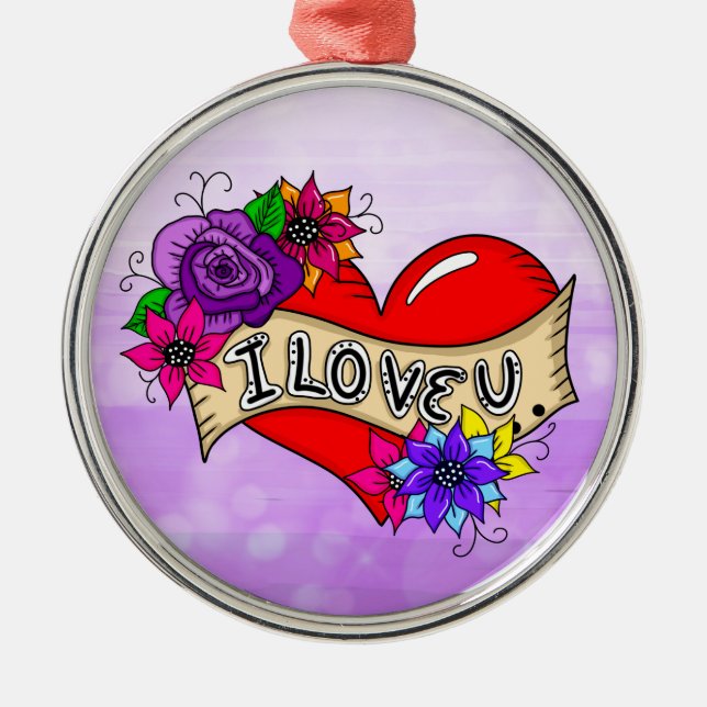 I Love You | Tattoo Heart Art Personalised    Metal Tree Decoration (Front)