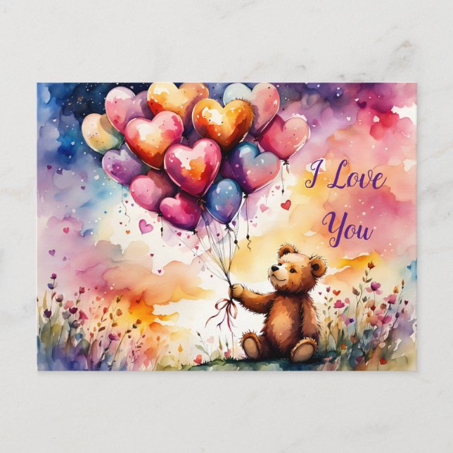I Love You Teddy bear with Heart shaped balloons Postcard (Front)