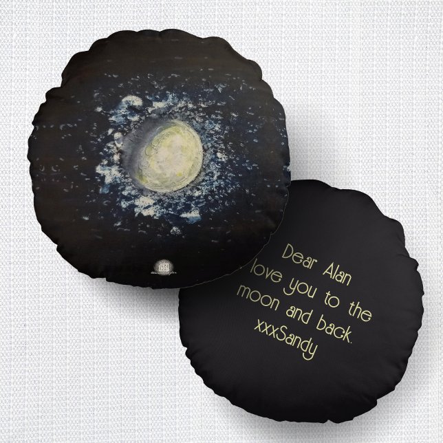 I love you to the moon and back - Personalised Round Cushion (I love you to the moon an back cushion, featuring an original sketch of the moon by Renate Kriegler.)
