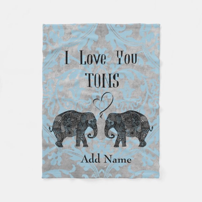 I LOVE YOU TONS/Elephant Art/Personalised Fleece Blanket (Front)