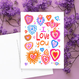 I LOVE YOU Valentine Colourful Whimsical HEARTS Postcard