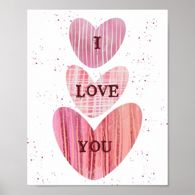 I Love You Valentine Pink Watercolor Hearts Poster (Front)