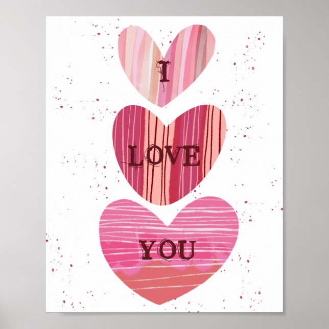 I Love You Valentine Pink Watercolor Hearts Poster (Front)