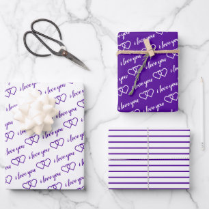 I Love You Valentine Purple Hearts Stripes Wrapping Paper Sheet