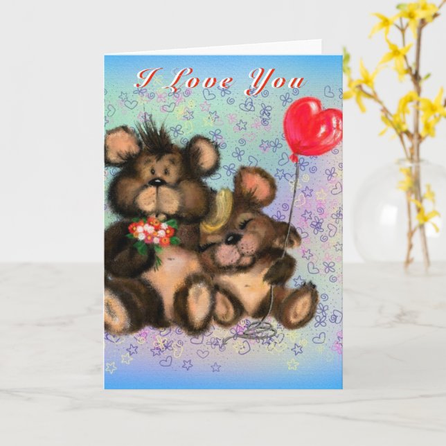 I Love You Valentine's Day Card Couple Love Bears (Yellow Flower)