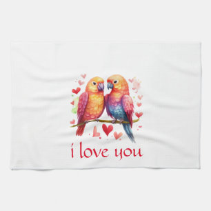 I Love You Valentine's Day Watercolor Lovebirds Tea Towel