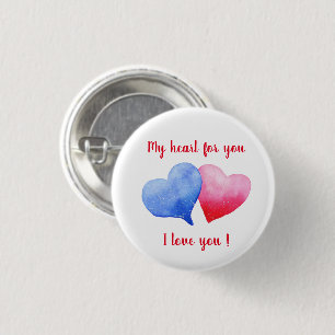 I love you watercolor red and blue heart 3 cm round badge