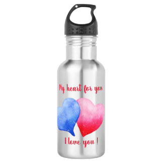 I love you watercolor red and blue heart   532 ml water bottle