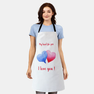 I love you watercolor red and blue heart apron