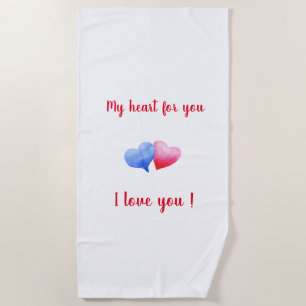 I love you watercolor red and blue heart      beach towel