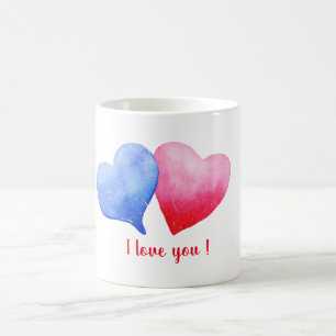 I love you watercolor red and blue heart  coffee mug