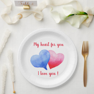 I love you watercolor red and blue heart paper plate