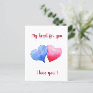 I love you watercolor red and blue heart       postcard