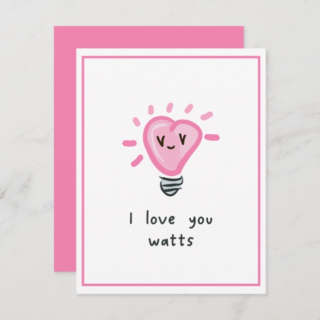 I love you Watts Cute Punny Kids Valentines Day Card (Front/Back)