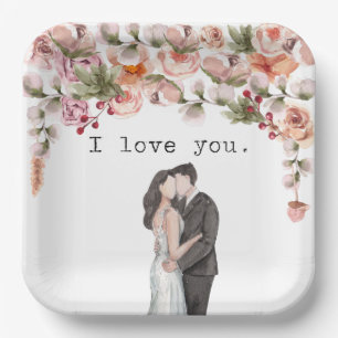 I love you wedding party watercolor floral elegant paper plate