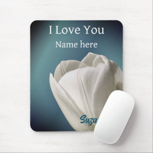 I Love You White Tulip Flower Personalised Mouse Mat