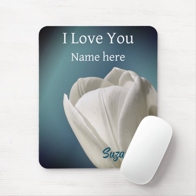 I Love You White Tulip Flower Personalised Mouse Mat (With Mouse)