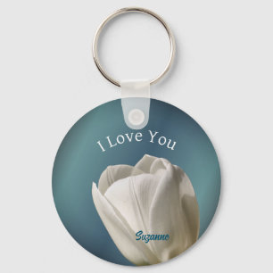 I Love You White Tulip Flower Personalized Key Ring