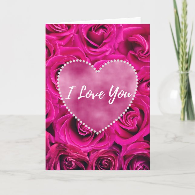 I Love You With Roses And Pink Heart Greeting  Card (Front)