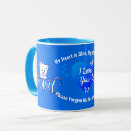 I LOVE YOU with Sad SORRY Bear on Blue APOLOGY Mug