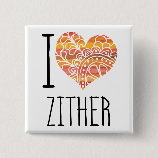 I Love Zither Orange Mandala Heart 15 Cm Square Badge (Front)