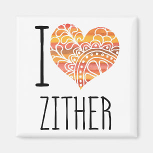 I Love Zither Orange Mandala Heart Magnet