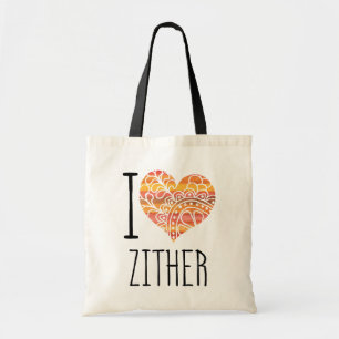 I Love Zither Orange Mandala Heart Tote Bag