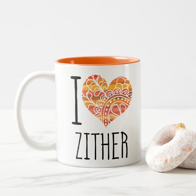 I Love Zither Orange Mandala Heart Two-Tone Coffee Mug (With Donut)