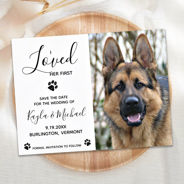 I Loved Her First - Elegant Modern Dog Wedding Announcement Postcard (Creator Uploaded)