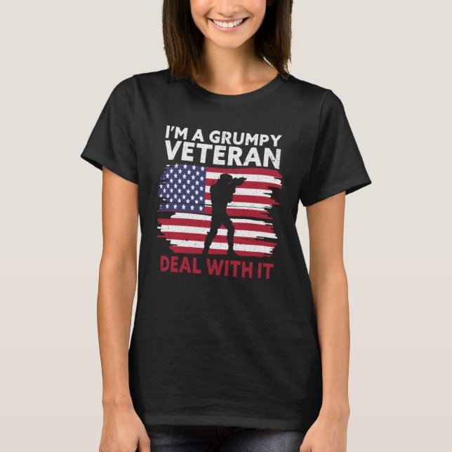 I m a grumpy veteran Deal with it USA Flag America T-Shirt (Front)