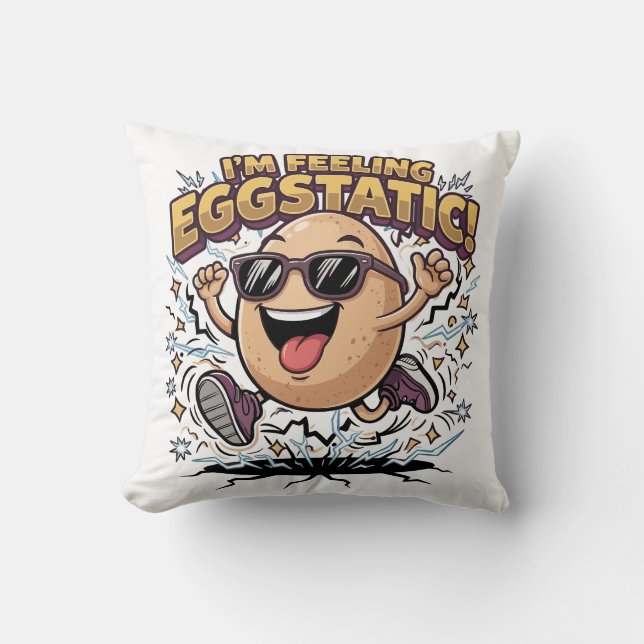 I’m Feeling Eggstatic – Funny Egg Pun Cartoon Cushion (Front)