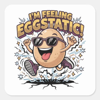 I’m Feeling Eggstatic – Funny Egg Pun Cartoon Square Sticker