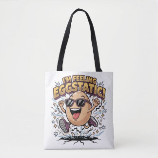I’m Feeling Eggstatic – Funny Egg Pun Cartoon Tote Bag