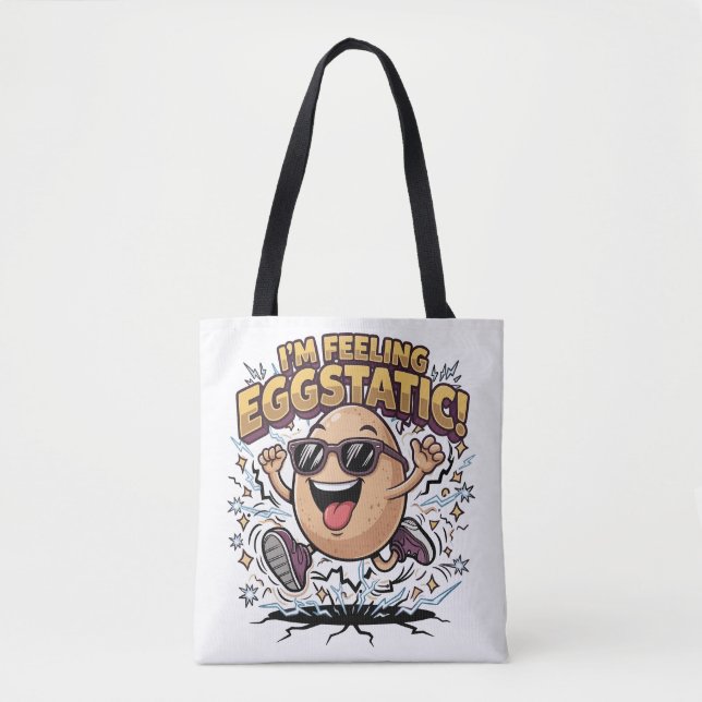 I’m Feeling Eggstatic – Funny Egg Pun Cartoon Tote Bag (Front)