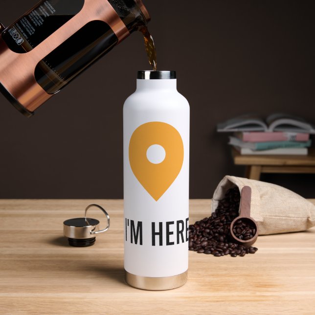  “I’m Here – Minimal Location Pin Sticker  Water Bottle (Coffee (Rotated))