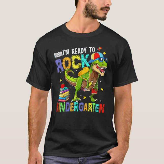 I m Ready To Rock Kindergarten Cool Dino Boys Back T-Shirt (Front)